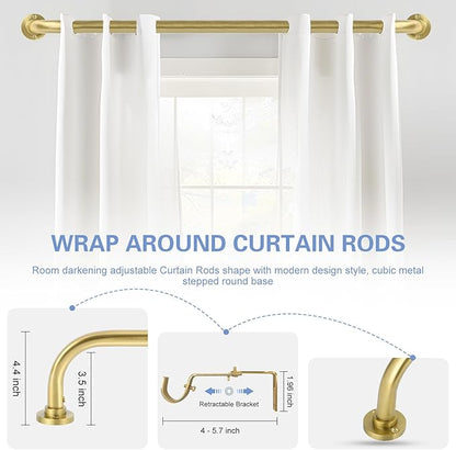 Gold Wrap Around Curtain Rods 48 to 90 Inch:Blackout Heavy duty Adjustable Window Curtain Rod for Bedroom,Industrial Darkening Curved French Metal Single Drapery Rods Easy Install,Brushed Gold
