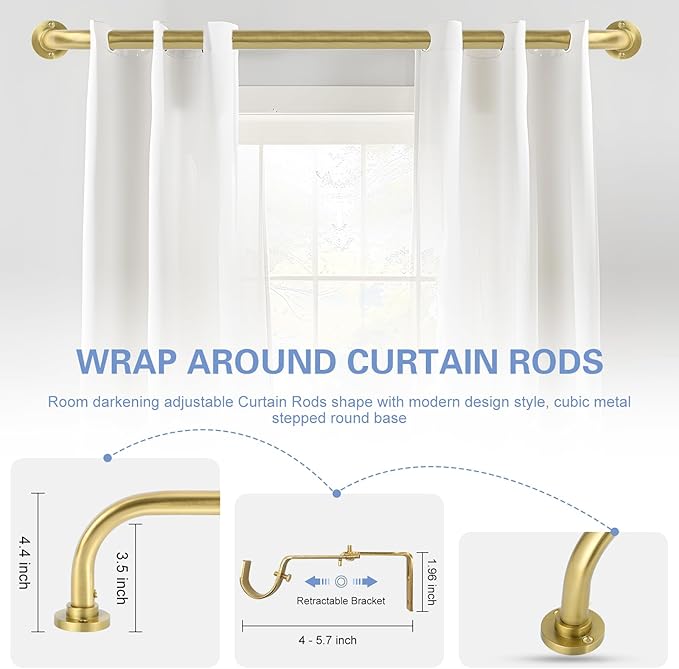 Gold Wrap Around Curtain Rods 28 to 48 Inch:Blackout Heavy duty Adjustable Window Curtain Rod for Bedroom,Industrial Darkening Curved French Metal Single Drapery Rods Easy Install,Brushed Gold