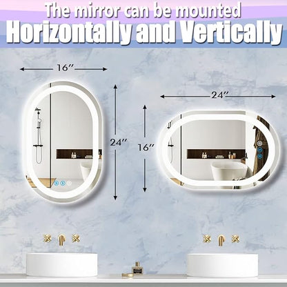 24 x 16 Inch Oval LED Bathroom Mirror with Front Lights Smart Memory 3 Color Adjustable Brightness Anti-Fog 24 Inch Oval Lighted Vanity Mirror for Bathroom Wall Horizontal Vertical Mounted