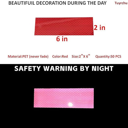 Non Fading Red Reflective Stickers 2 inch X 6 inch, Outdoor Waterproof High Visibility Warning Safety Adhesive Reflector Tape (50 Pcs)