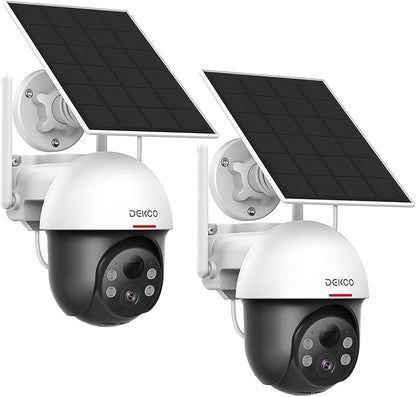 DEKCO Security Cameras Wireless Outdoor, Solar Powered, Panoramic PTZ, Auto Motion Tracking, True 2K, Color Night Vision, Spotlights, 2-Way Talk, 2 Pac