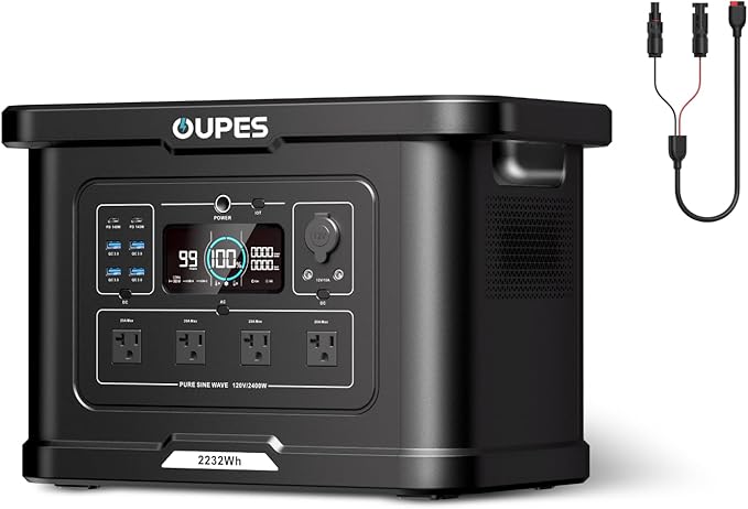 OUPES Exodus 2400 Portable Power Station & Solar Generator with Cable, 2400W AC Output, 2232Wh LiFePO4 Battery, 1.5H Fast Charge, UPS for Home Backup, Camping, RV, Photography & Drone Power