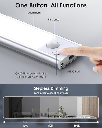 VerRon 10in Under Cabinet Lighting, Upgraded 2200mAh Rechargeable Under Cabinet Lights Wireless, LED Motion Sensor Light Indoor Closet Lights Under-Counter Light Fixtures for Kitchen, Hallway, 2-Pack