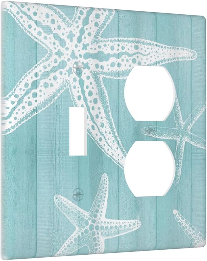 Decorative Outlet Covers Starfish Teal Wood Board Nautical 2 Gang Light Switch Cover Plate Single Toggle Duplex Wall Plates for Electrical Outlets Switch Plate Covers for Bedroom Home Decor
