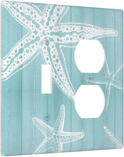 Decorative Outlet Covers Starfish Teal Wood Board Nautical 2 Gang Light Switch Cover Plate Single Toggle Duplex Wall Plates for Electrical Outlets Switch Plate Covers for Bedroom Home Decor