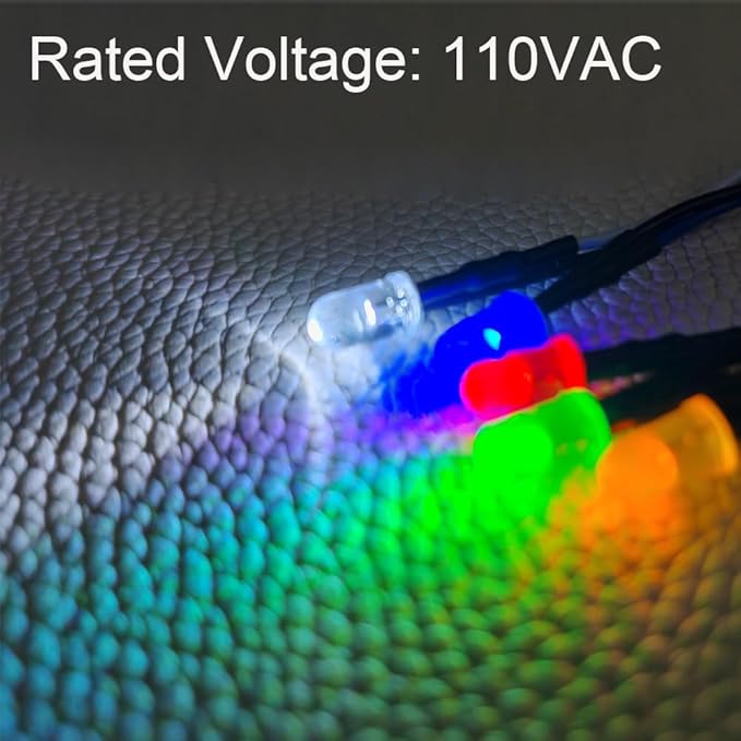50pcs 110VAC 5mm LED Lights, Prewired 7.9 Inch V LED, Red/Yellow/Green/Blue/White