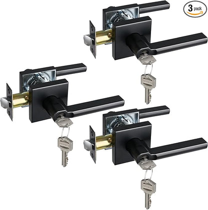 Keyed Entry Door Lever with Lock, Heavy Duty Square Interior Handle for Front Door and Office, Matte Black, Reversible for Right&Left Handed, 3Packs
