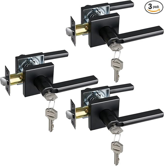 Keyed Entry Door Lever with Lock, Heavy Duty Square Interior Handle for Front Door and Office, Matte Black, Reversible for Right&Left Handed, 3Packs