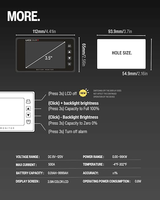 500A Battery Monitor with Shunt, 3.5" Color Screen RV Monitor with 16ft Cable, Support High Low Voltage Current Programmable Alarm for 8-120V Lifepo4, Lithium, Gel, Flooded Battery