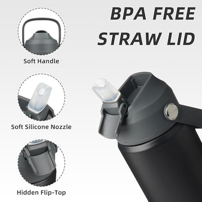 BJPKPK Insulated Water Bottle with Straw Lid, 18oz Thermo Water Bottles with Soft Nozzle, Flex Handle & Non-slip Boot, BPA Free Leak Proof Stainless Steel Metal Thermo, Tumblers, Cups,Black