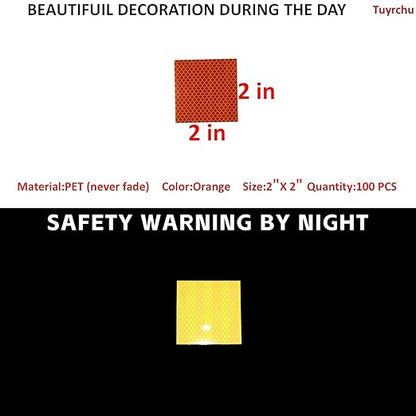 Non Fading Orange Reflective Stickers 2 inch X 2 inch, Outdoor Waterproof High Visibility Warning Safety Adhesive Reflector Tape (100 Pcs)