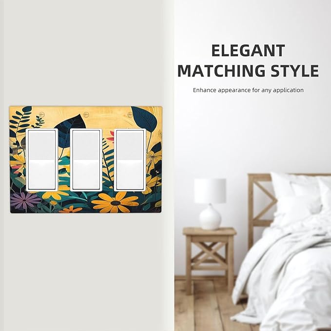 Abstract Minimalist Floral Botanical Boho Flower Triple Rocker Light Switch Covers 3 Gang Outlet Cover Wall Plates Decorative Switch Plates Electrical GFCI Faceplate Switchplate 4.49 X 6.38 IN