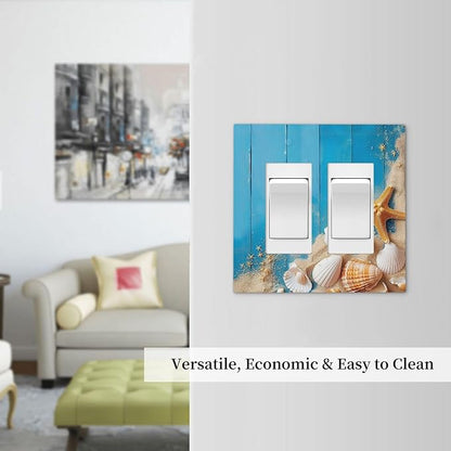 Decorative Outlet Covers Blue Wood Grain Beach Shell Starfish 2 Gang Double GFCI Rocker Electrical Wall Panels Light Switch Cover Plate for Bathroom Farmhouse Decor