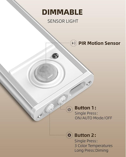 4Pack 12inch Under Cabinet Lighting, Rechargeable Motion Sensor Light Wireless Indoor, Dimmable 3 Color Temps Closet Lights with Remote, Indoor Under Counter LED Lights for Kitchen, Stairs