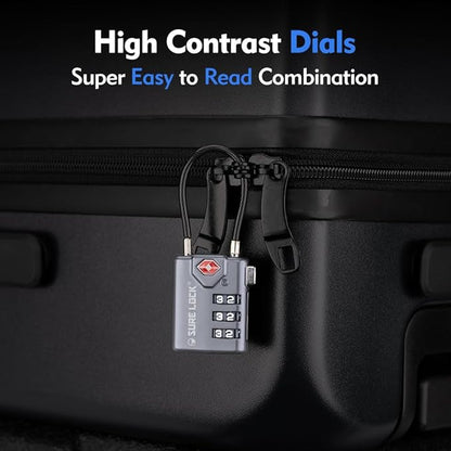 SURE LOCK TSA Compatible Travel Luggage Locks, Inspection Indicator, Easy Read Dials TSA Approved with Zinc Alloy Grey 2 Pack
