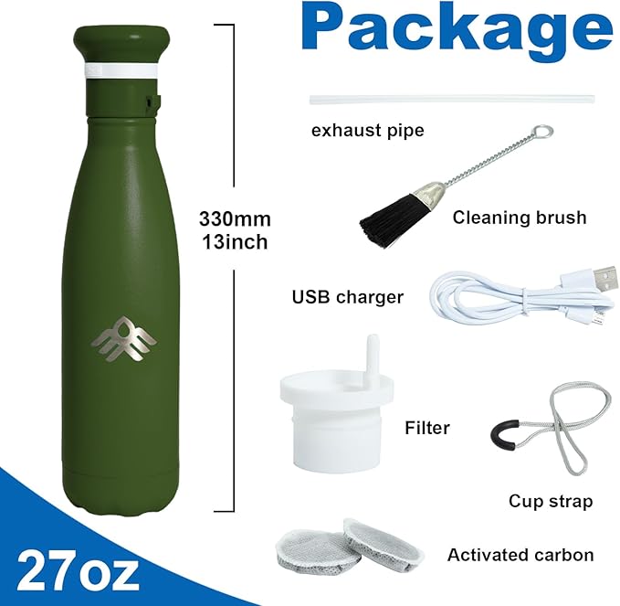 27 oz Smart Self Cleaning Water Large Bottle Forest 304 Stainless Steel Insulated Light Purifying Bottle LED + Activated-Carbon Filter USB-C Rechargeable BPA-Free for Outdoor & Sports