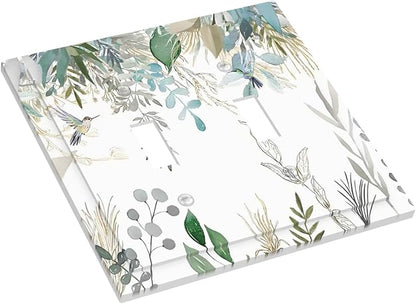 Green Tropical Palm Leaves Flower Plants Hummingbird Decorative Switch Plates 2 Gang Double Toggle Outlet Light Switch Cover Wall Plate Electrical Faceplate for Bed Room Living Room Decor