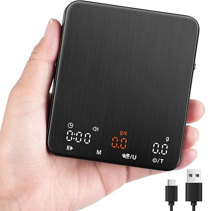 Mini Espresso Coffee Scale with Timer & Flow Rate, 2kg/0.1g Precision Digital Coffee Scale, Portable Espresso Scale Rechargeable via USB-C, Triple Brew Modes, LED Display, Mute Mode, g/oz/lb:oz