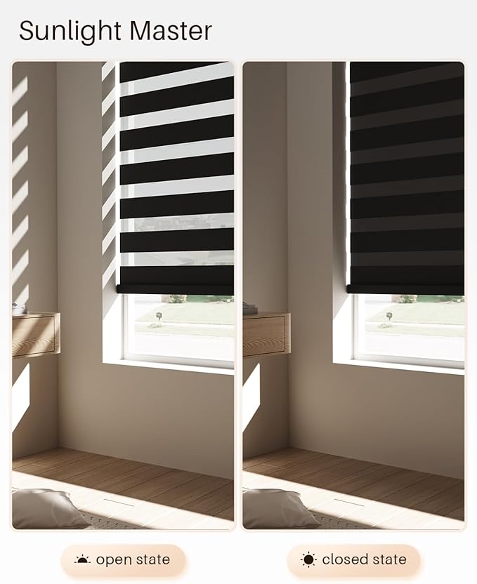 Smart Zebra Blinds for Windows, Alexa Motorized Blinds with Remote Control, Automatic Electric Power Zebra Shades for Indoor Windows (23" W x 72" H, Black)