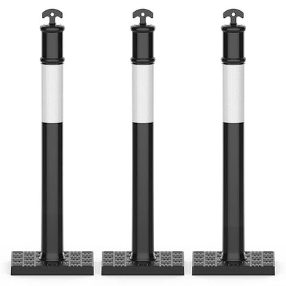 RoadHero 45 Inch Delineator Post with Rubber Base,Heavy Duty Black Traffic Delineator Posts Cones with Reflective Collars for Parking Lots, Road Safety, Construction Events 3 Pack