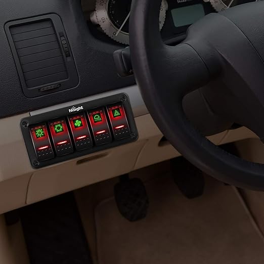 Nilight 5 Gang Rocker Switch Panel 5Pin On Off Toggle Aluminum Holder 12V 24V Dash Pre-Wired Red Backlit Switches for Automotive Cars Marine Boats RVs Truck