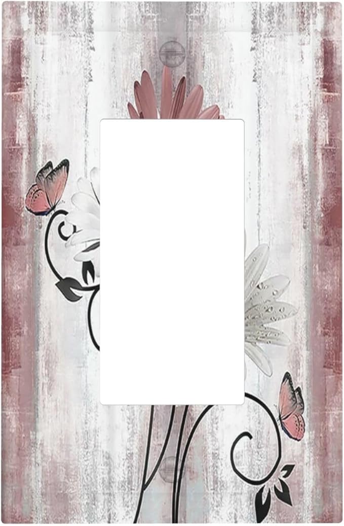 Decorative Outlet Covers Pink White Daisy Butterfly Wood Grain 1 Gang Single Rocker Light Switch Cover Plate Wall Plates GFCI Faceplate for Farmhouse Bathroom Decor