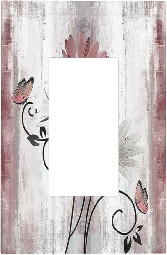 Decorative Outlet Covers Pink White Daisy Butterfly Wood Grain 1 Gang Single Rocker Light Switch Cover Plate Wall Plates GFCI Faceplate for Farmhouse Bathroom Decor