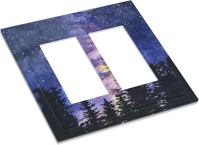 Decorative Outlet Covers Dream Milky Way Starry Forest Pine Watercolor Painting 2 Gang Double GFCI Rocker Electrical Wall Panels Light Switch Cover Plate for Bedroom Home Decor