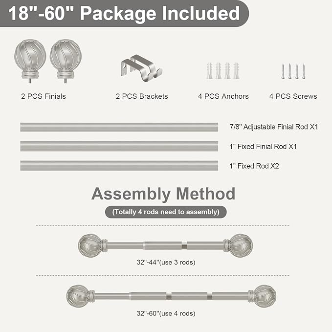 Silver Curtain Rods for Windows 28 to 48 Inch 7/8" Diamete Heavy Duty Adjustable Window Curtain Rod with Decorative Finials for Farmhouse Bedroom Living Room Kitchen Outdoor