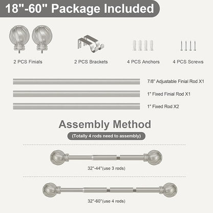 Silver Curtain Rods for Windows 28 to 48 Inch 7/8" Diamete Heavy Duty Adjustable Window Curtain Rod with Decorative Finials for Farmhouse Bedroom Living Room Kitchen Outdoor