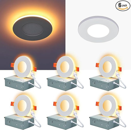CycevSun 3 Inch LED Recessed Lights with Night Light, Dimmable & 5CCT Selectable Canless Outdoor Soffit, Downlight Wafer Pot Light, 6W, ETL, IC Rated, 6 Pack