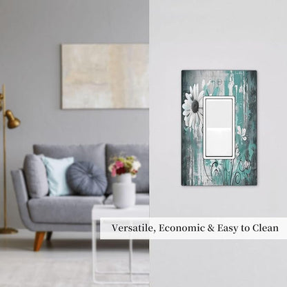 Decorative Outlet Covers Teal Daisy Floral Vintage Wood Plank 1 Gang Single Rocker Light Switch Cover Plate Wall Plates Gfci Faceplate For Farmhouse Cabin Decor