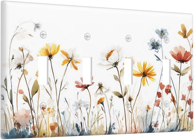 Watercolor Wildflower Colorful Floral Plant Light Switch Covers Quad Toggle Electrical Faceplate 4 Gang Wall Plate Decorative Switch Plates for Bed Room Living Room Decor