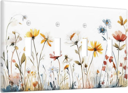 Watercolor Wildflower Colorful Floral Plant Light Switch Covers Quad Toggle Electrical Faceplate 4 Gang Wall Plate Decorative Switch Plates for Bed Room Living Room Decor