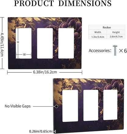 Decorative Outlet Covers Vintage Purple Peony Gold Leaf Flowers Floral 3 Gang Wall Plate Triple Rocker Light Switch Cover Plate Jumbo Electrical GFCI Face Plate for Bedroom Home Decor