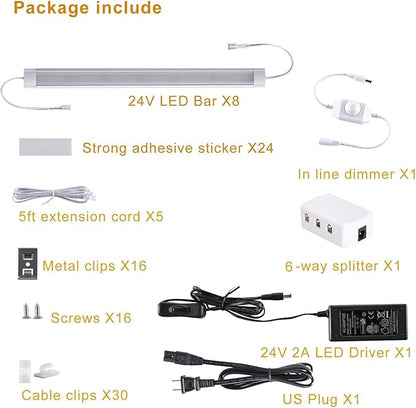 LABOREDUCER Under Cabinet Lighting Wired Plug in or Hardwired Warm White 2700K,8 Pack 11inch Linkable Dimmable LED Under Cabinet Lights with Power Adapter,24V Under Counter Lights for Kitchen