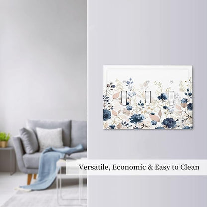 Blue Flora Boho Vintage Flower Golden Leaves Decorative Switch Plates 3 Gang Wall Plate Triple Toggle Light Switch Cover Faceplate Electrical Wall Panels for Bedroom Living Room Decor