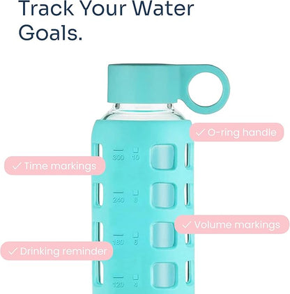 purifyou 40oz / 32oz / 22oz / 12oz Borosilicate Glass Water Bottle with Time & Volume Markers, Silicone Sleeve, Stainless Steel Lid | Reusable Glass Bottle for Water & Juice (12oz Aqua Blue)