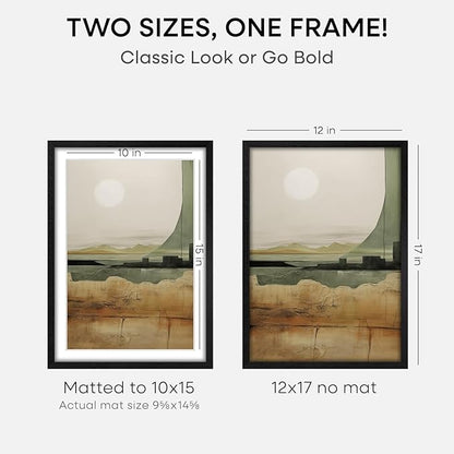 Homeforia 12x17 Picture Frame Black Wood, High End Oak 12x17 Poster Frames with Mat 10x15 Photo, 12 x 17 Wooden Frame Matted to 10 by 15 Print, 17x12 Hanging Frames, Tempered Glass, Wall Kit, Set of 2