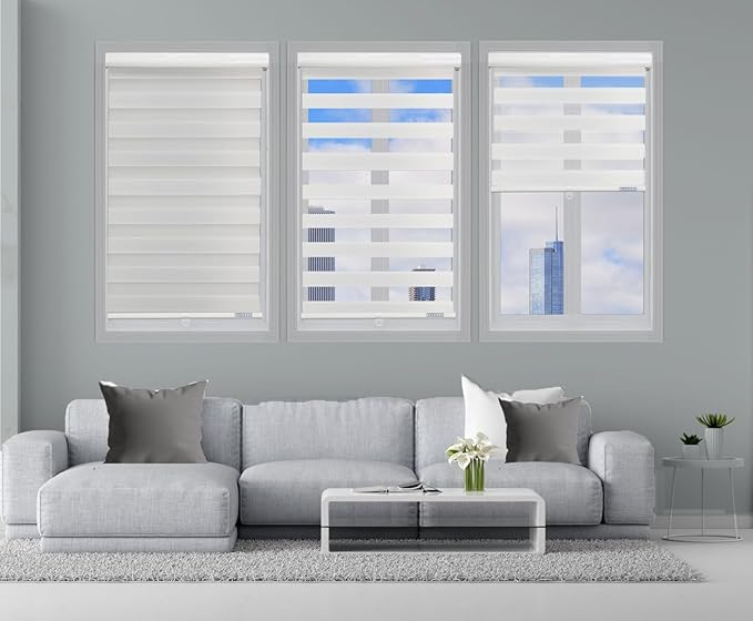 Shadesu Cordless Zebra Blinds for Windows, 33.5" W x 72" H, White, Dual Layer Free-Stop Zebra Shades, Light Control for Day and Night, Sheer Blinds for Indoor Windows, Bedroom, Kitchen