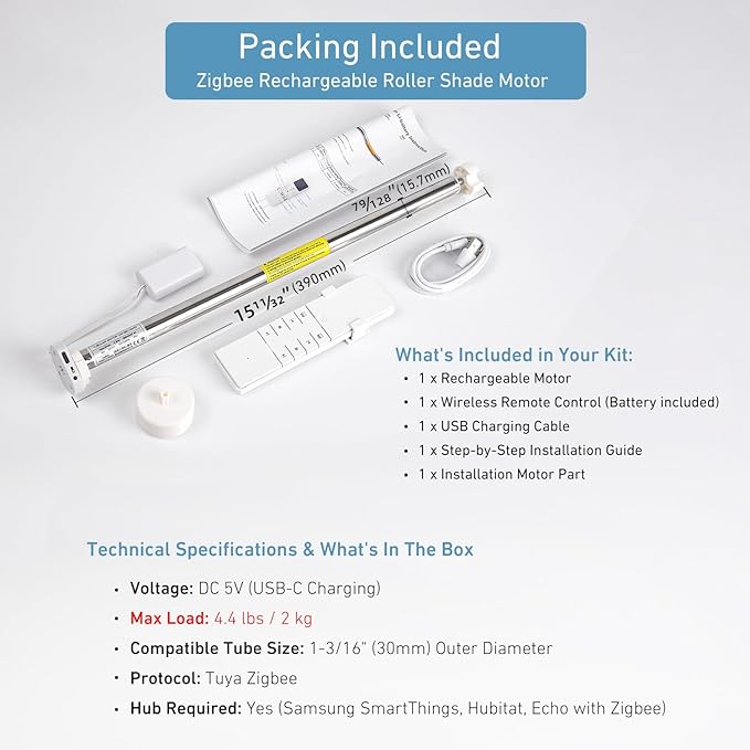 Zigbee Smart Roller Shade Motor for 1-3/16in (30mm) Tubes - 4.4lbs Max Weight Capacity - Rechargeable Battery for DIY Installation - Compatible with Alexa/Google Home via Tuya Zigbee Hub (Required)