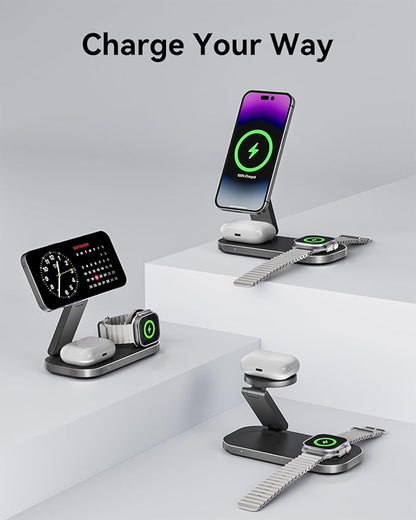 3 in 1 Wireless Charging Station for Apple Devices, Magnetic Foldable Fast Charger Stand Compatible with MagSafe for iPhone Air/17/16/15/14/13/12 Series, Apple Watch & AirPods Pro/4/3/2