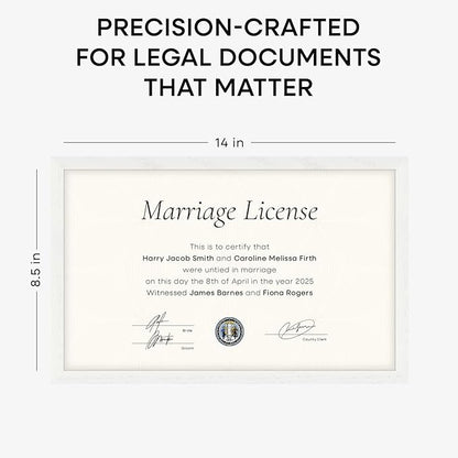 Homeforia 8.5x14 Marriage License Frame White, High End Oak 8.5x14 Certificate White Wood Frames, 8.5by14 Wooden Frame for Wall & Tabletop, 8.5 by 14 Picture Frames, Tempered Glass, Wall Kit, Set of 1