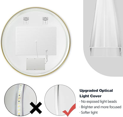 Niccy Round Led Mirror for Bathroom, 32" Backlit Mirrors for Wall Circle Lighted Mirror with Old Gold Frame Anti-Fog, 3 Colors, HD Glass and IP65 Waterproof