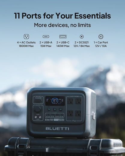 BLUETTI Elite 100 V2 Solar Generator and Solar Charging Cable, 1024Wh LFP Battery Portable Power Station w/ 4 1800W AC Outlets (3600W Surge) Backup, 35% Smaller for Camping, RV, UPS, Outages