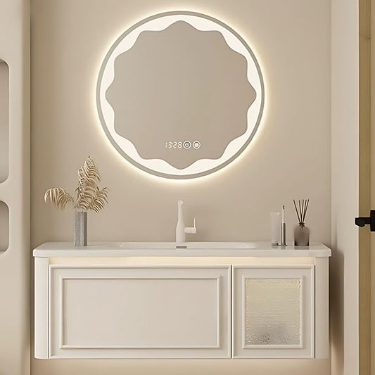 40IN Wall Mounted Bathroom Vanity Set - Wood Bathroom Vanities has Tissue Hole Design | Includes Smart Defogging Mirror Cabinet & Time Display, Rounded Corners, Glass Cabinet Doors (Style C)