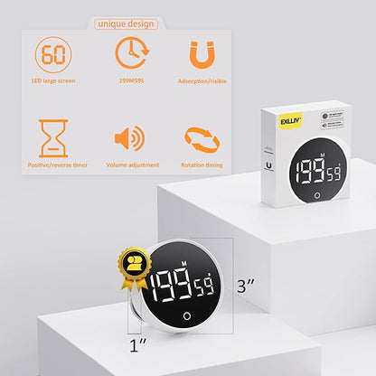 Digital Kitchen Timer, Rechargeable Magnetic Visual Timer with Large LED Display, Adjustable Volume for Classroom, Cooking, Fitness, Baking, Kids Learning & Teaching (1, White)