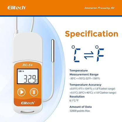 Elitech RC-5+ TE Digital PDF USB Temperature Data Logger Reusable Recorder Refrigerator Thermometer 32000 Points High Accuracy (Extra External Sensor)