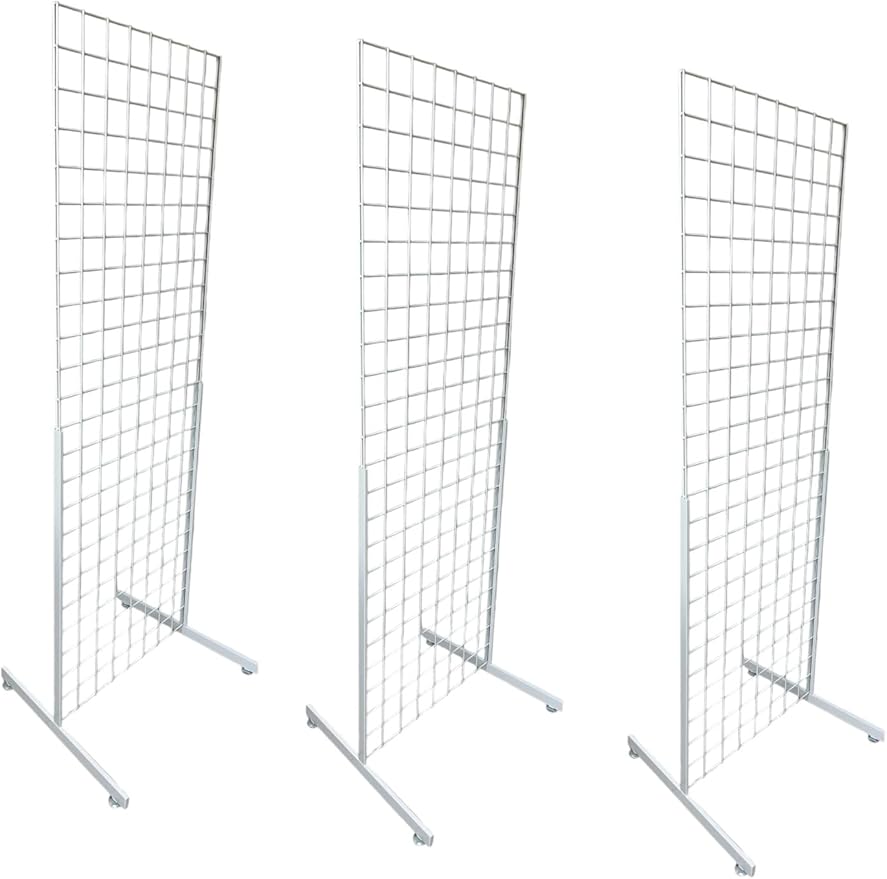 Only Hangers 2' x 6' Grid Wall Panel Floorstanding Display Fixture with Deluxe T-Style Base, Black or White. Three-Pack Combo. (WHITE WITH EZ SLIDE ON LEGS (NO HARDWARE REQUIRED))