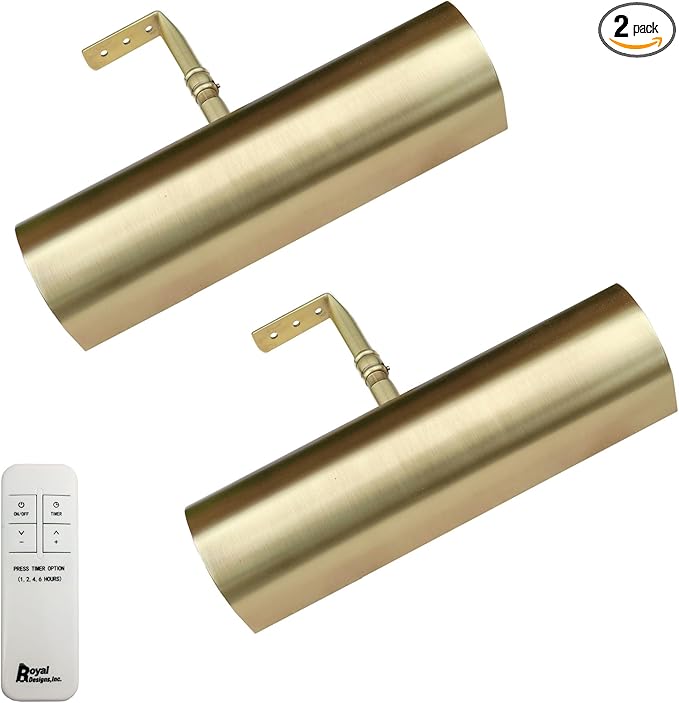 Royal Designs, Inc. Cordless Remote Control LED Picture Light, Dimmable with Timer Function, Brushed Satin Brass, 8.75 Inches, 2 Pack